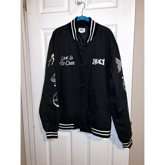 OBEY Cherub Black Varsity Jacket Sz L Embroidered ASA Grownish - Picture 1 of 16